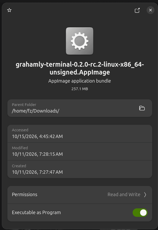 Linux File Properties dialog showing Executable as Program toggle switch enabled