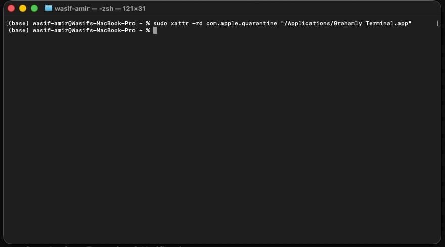 macOS Terminal running sudo xattr -rd com.apple.quarantine command