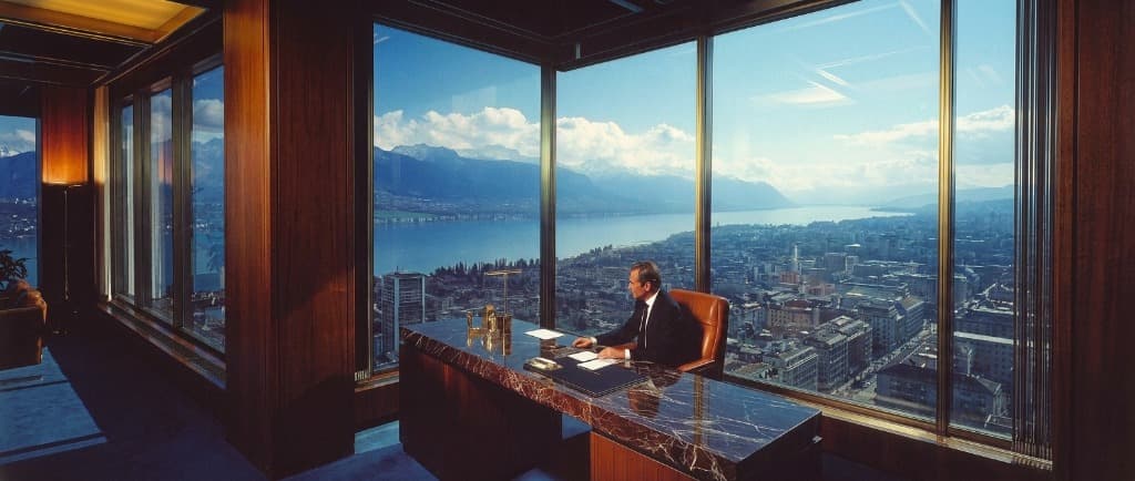 Institutional private wealth executive office overlooking Lake Geneva